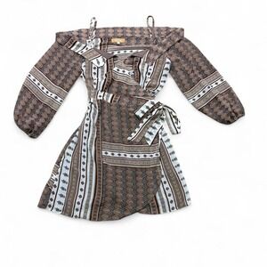 Brown white Stichic mini wrap dress off-the-shoulder puff sleeves tribal print
